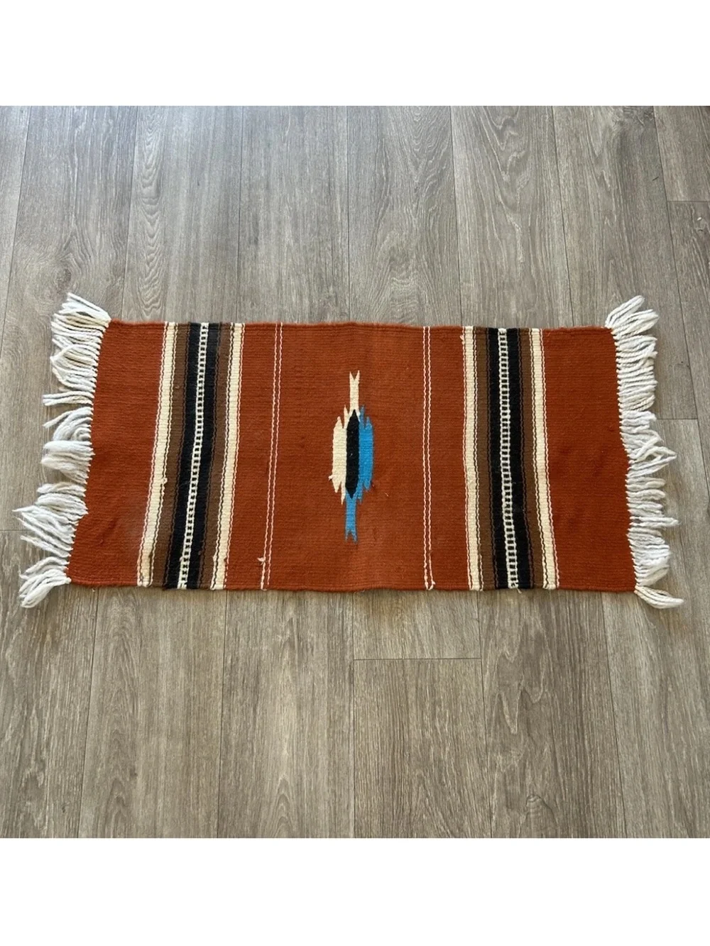 Vintage Handwoven Southwestern Wool Rug Mexican Style Rust Fringe 34.5x15.5